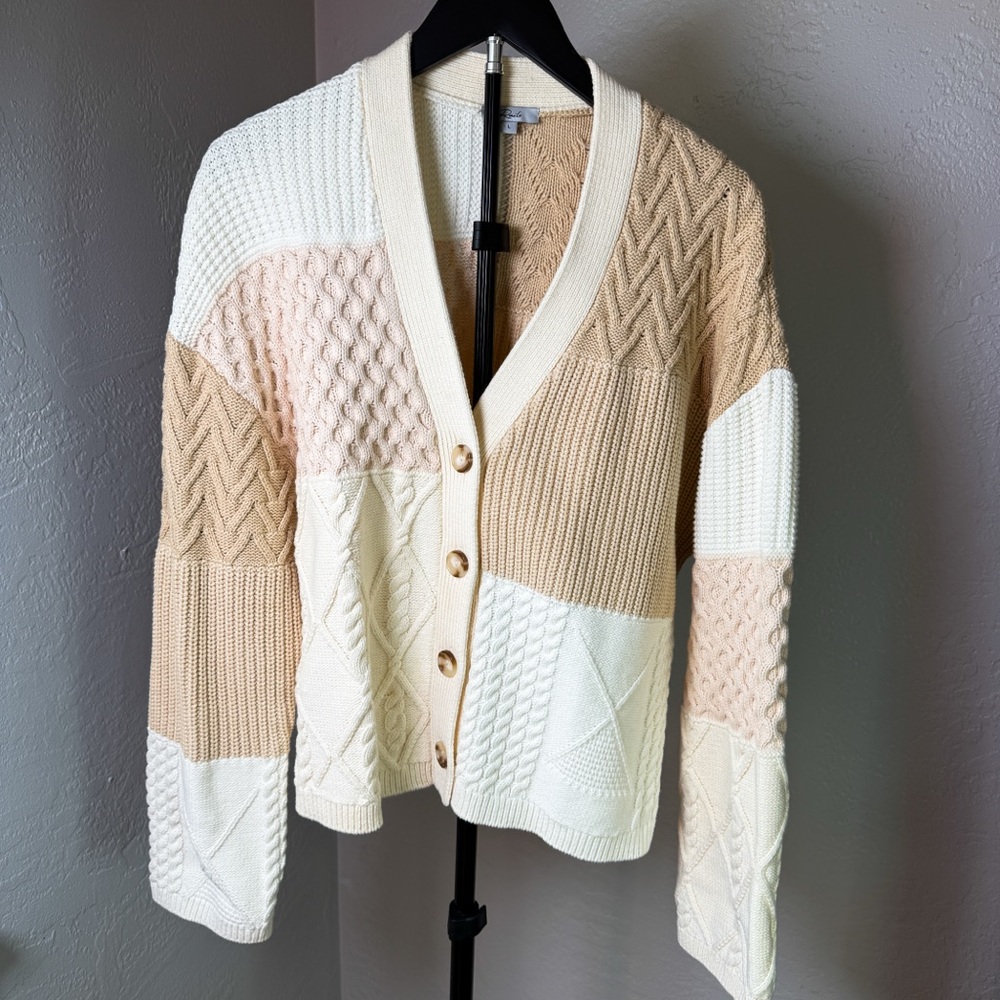 Rails Reese V-Neck Cream Patchwork Cable Knit Cotton Cardigan Sweater Size L